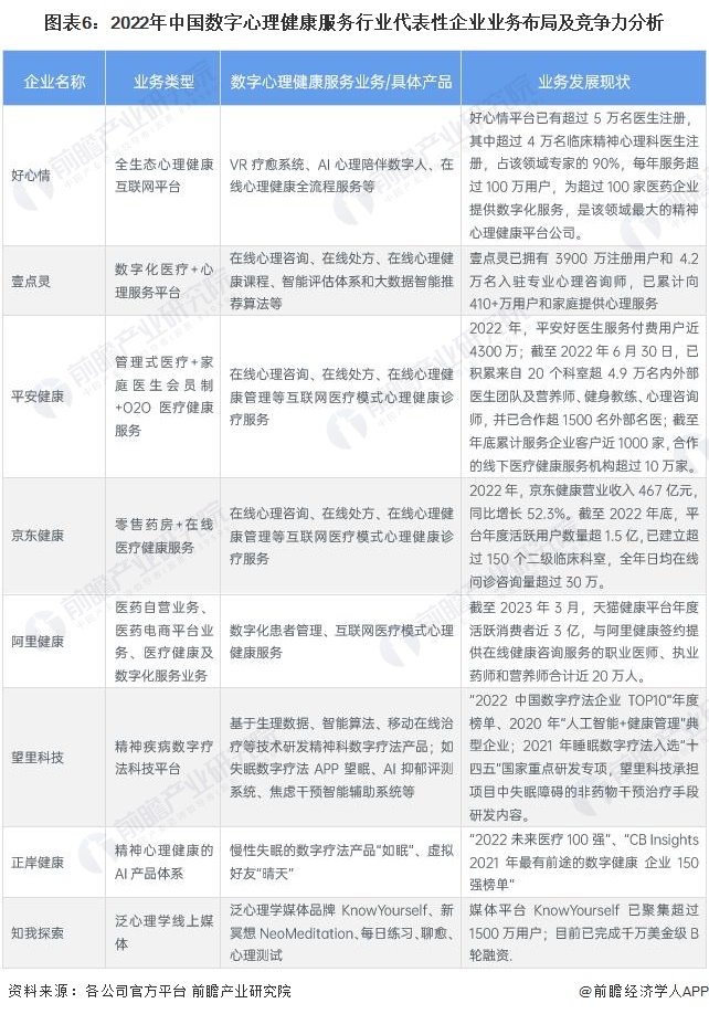 圖表6：2022年中國數(shù)字心理健康服務(wù)行業(yè)代表性企業(yè)業(yè)務(wù)布局及競爭力分析