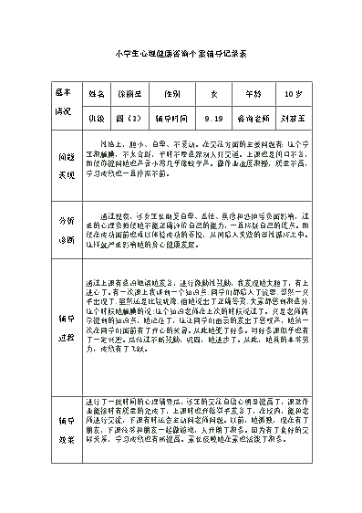 小學生心理健康教育輔導記錄_小學生心理健康教育輔導記錄_小學生心理健康教育輔導記錄